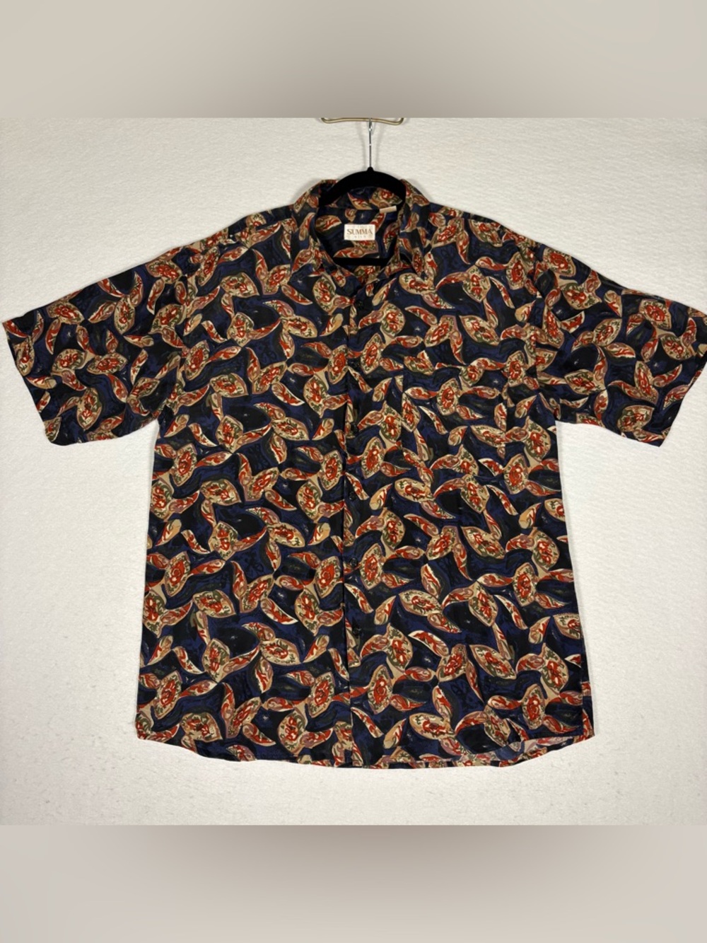 SUMMA Men’s Short Sleeve Blue & Red Button-Up 100% Silk Abstract Medium #T0155